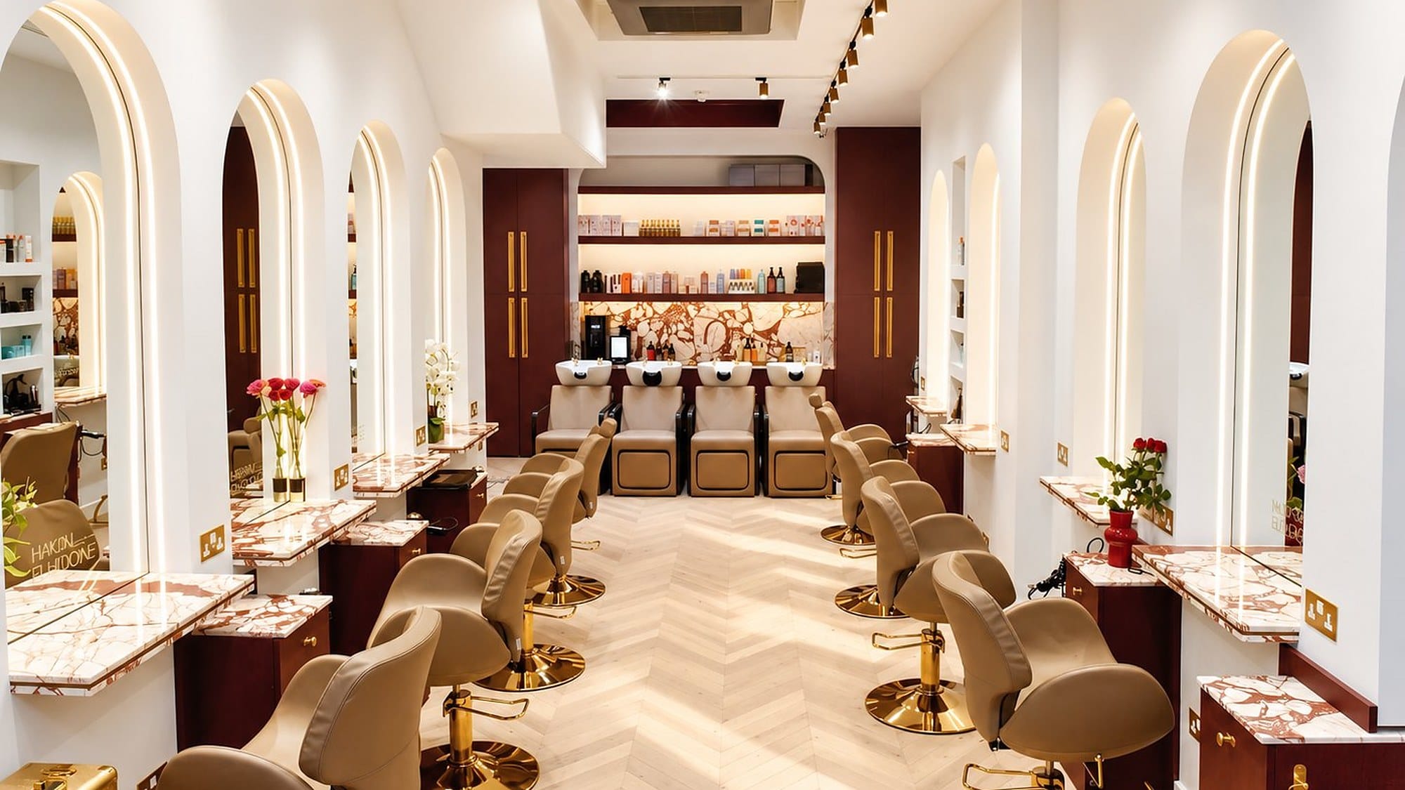The atelier at 11 Blenheim Street, Mayfair — the styling floor in daylight, looking down the room to the basins